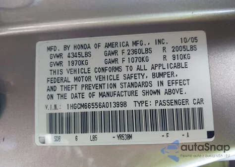 2006 Honda Accord 3.0 Ex from USA, damaged, VIN 1HGCM66556A013998